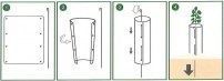 Step-by-step guide illustrating how to assemble and install a tree guard, showing the flat sheet, forming it into a cylinder, inserting a stake, and placing it around a young plant in the ground.