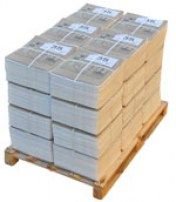 Large stack of neatly bundled newspapers on a wooden pallet, ready for distribution. Ideal for newsstands, delivery, and recycling.